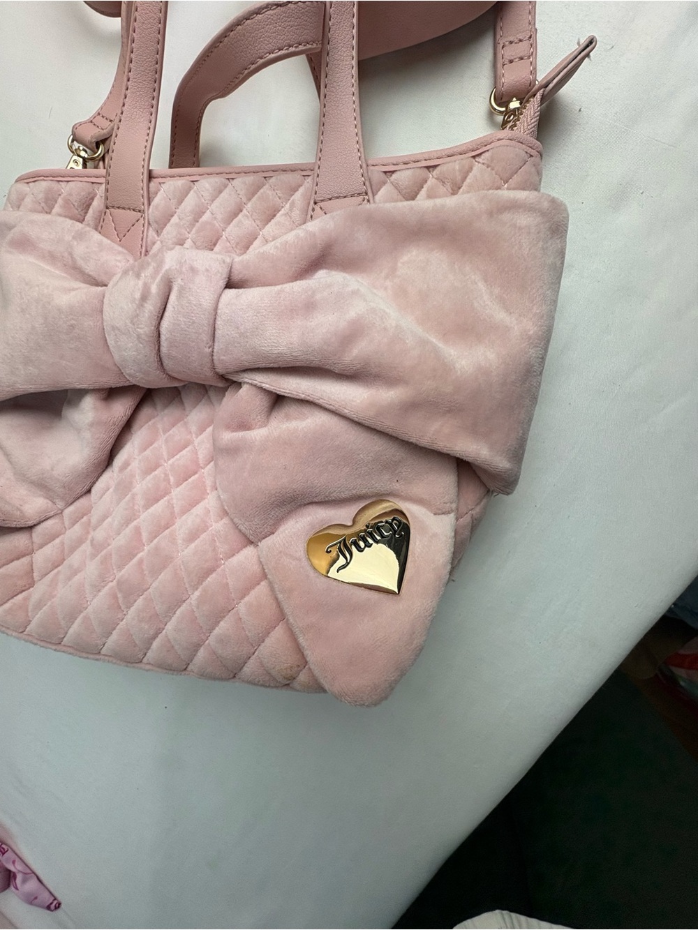 Juicy Couture Blush Pink Quilted Tote with Bow and Gold Heart Logo